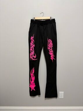 Rockstar Original Goth Black Graphic Streetwear Sweatpants Hot Pink Script Flame